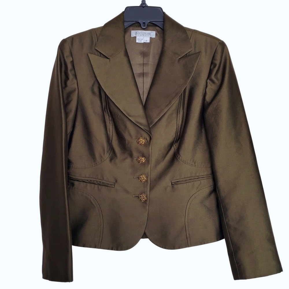 Kay Unger Blazer‎ Silk Blend Jeweled Button Green Formal Evening Jacket 8